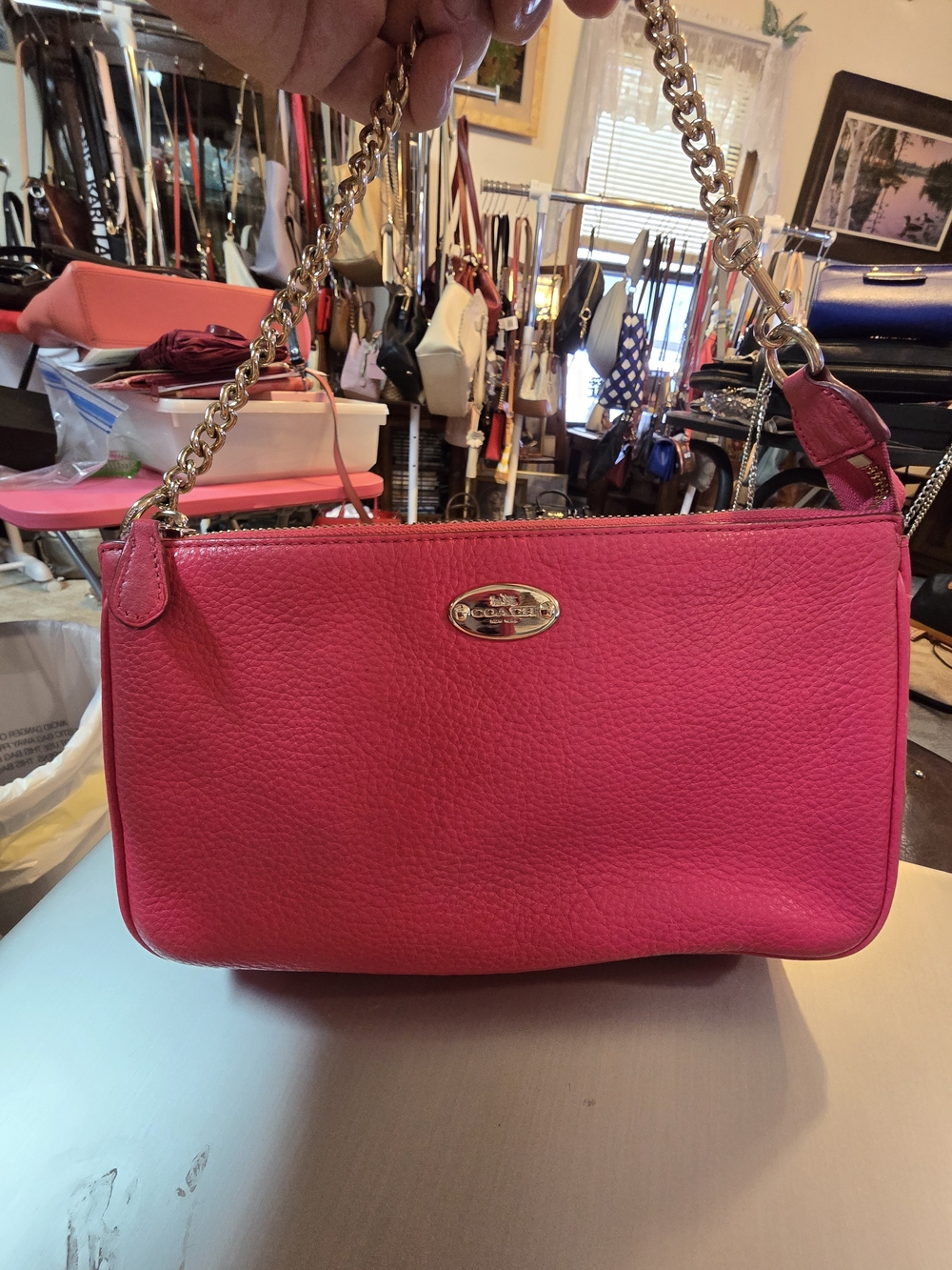 Coach Pebbled Leather Shoulder Bag 9.75 x 6x3 in Hot Pink w Gold Chain & Strap